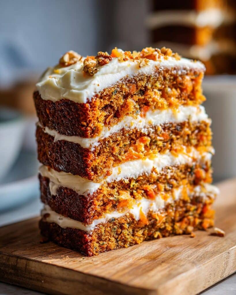A tall slice of Spiced Carrot Cake with cream cheese frosting and walnuts on a wooden board.