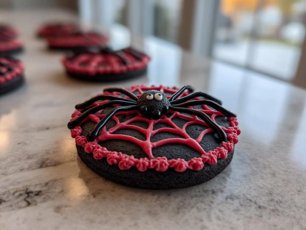 Close-up of a spooky spider cookie with black icing, red web design, and a spider figure on top.