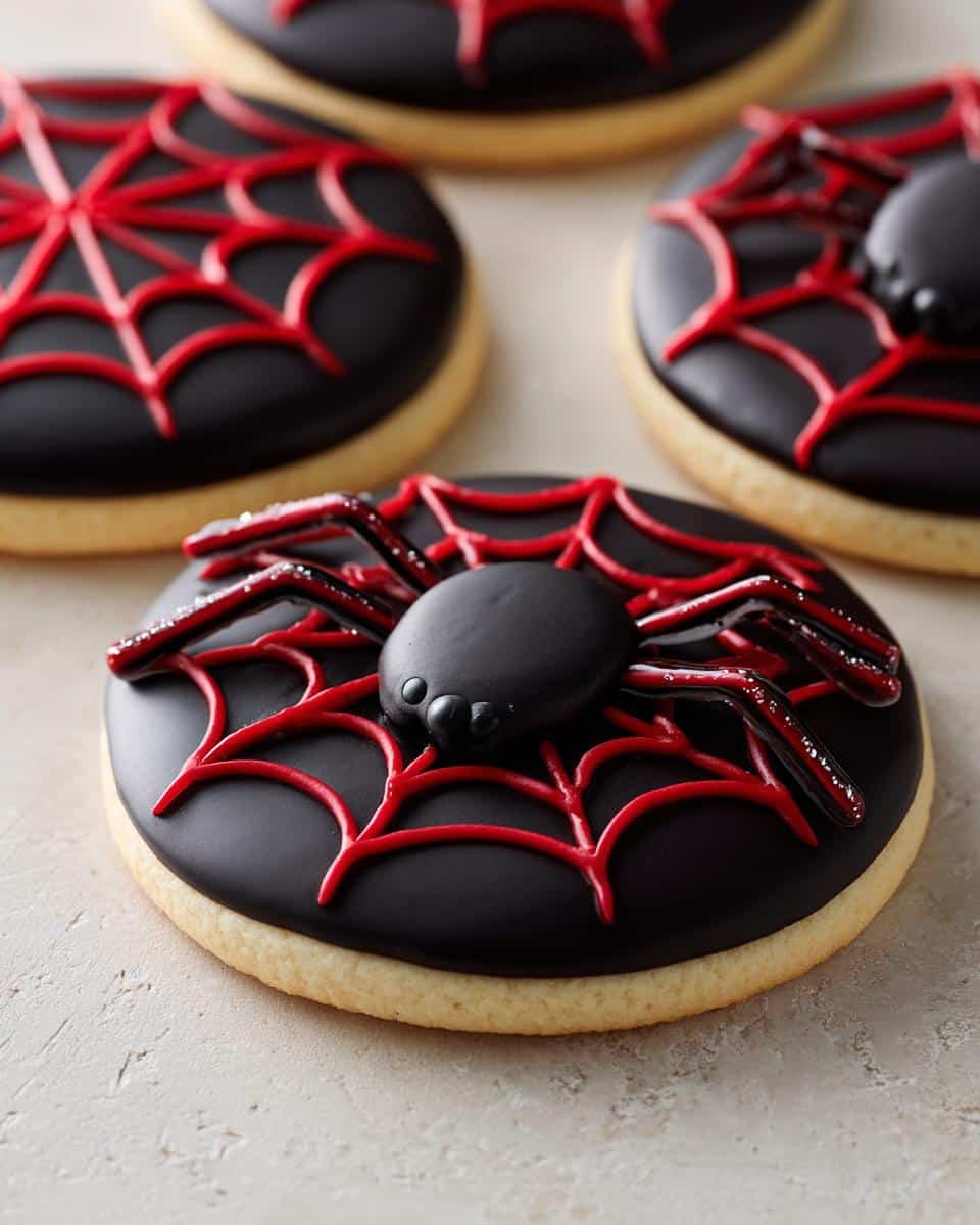 Close-up of Spooky Spider Cookies decorated with black icing, red spiderwebs, and a black spider.