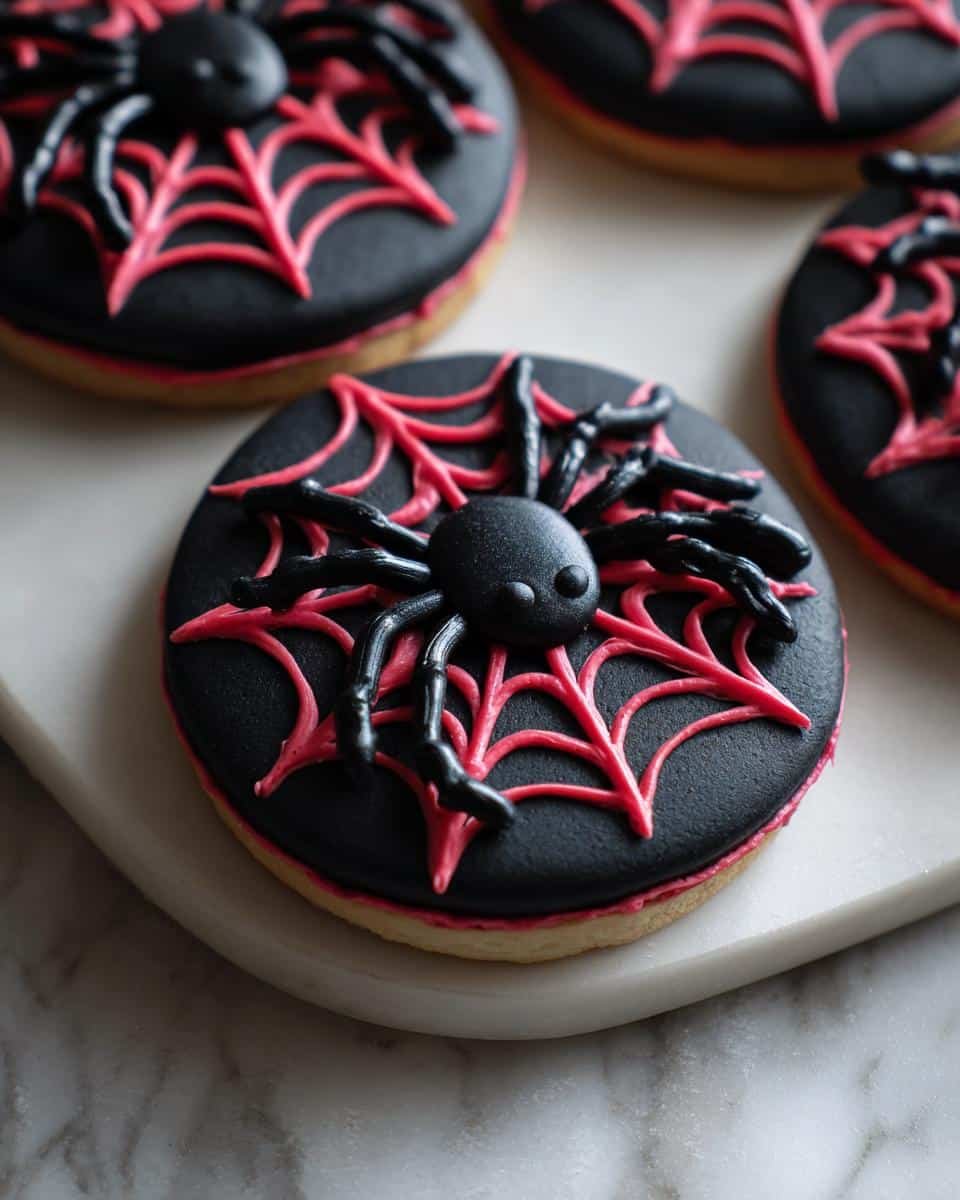 Close-up of Spooky Spider Cookies decorated with black fondant, red spiderwebs, and a black spider.