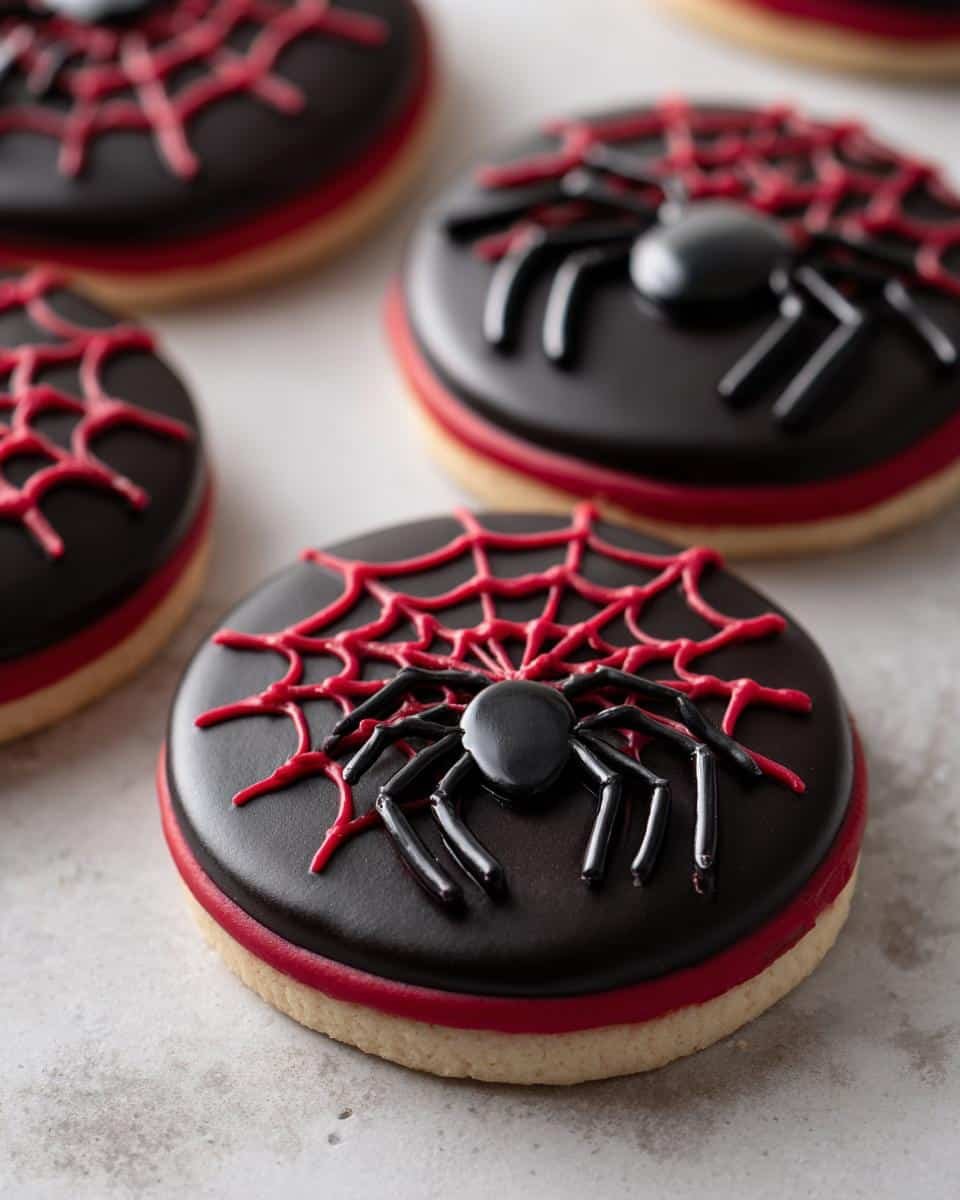 Close-up of Spooky Spider Cookies decorated with black icing, red spiderwebs, and a black spider.