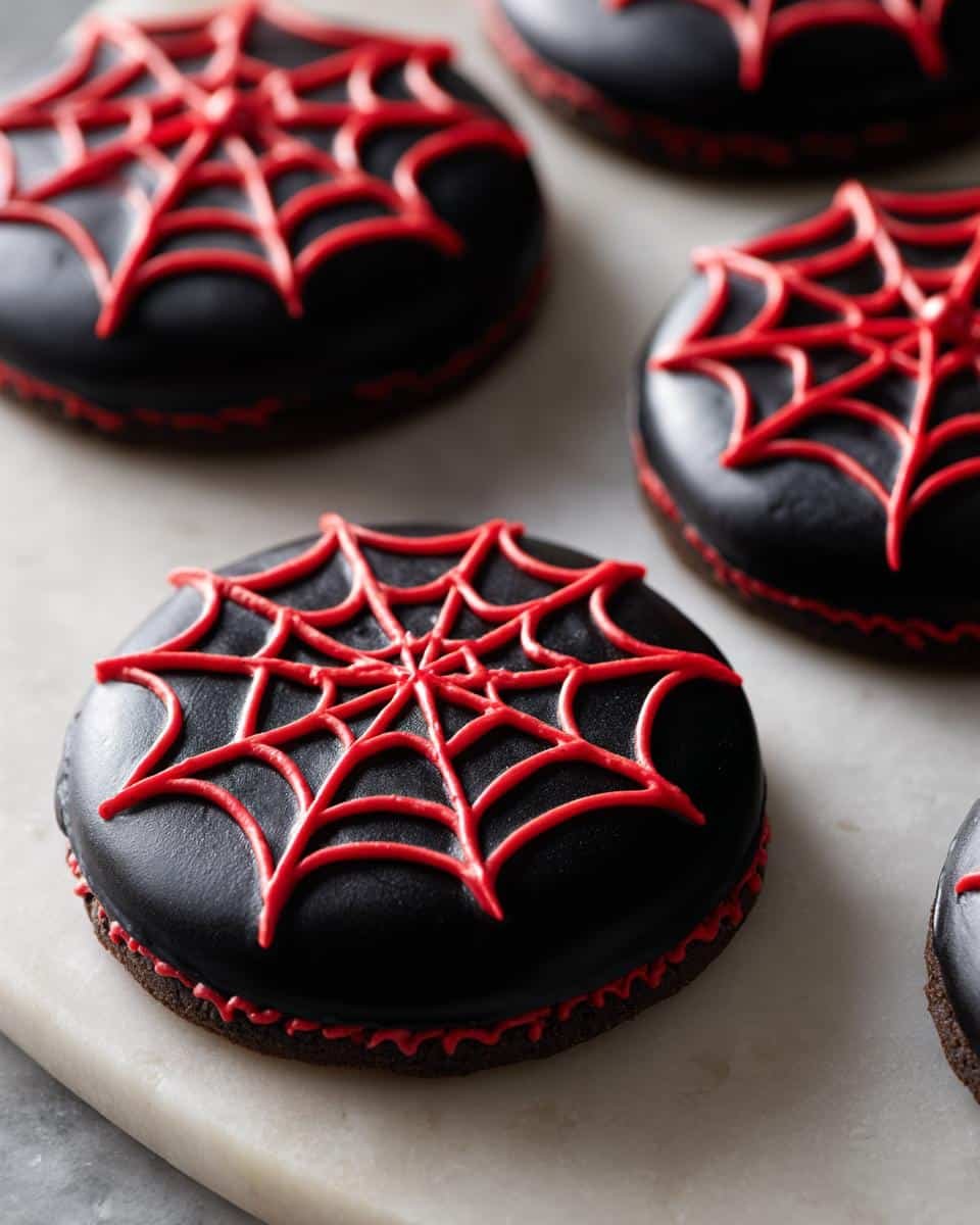 Close-up of Spooky Spider Cookies with black icing and red spider web designs.