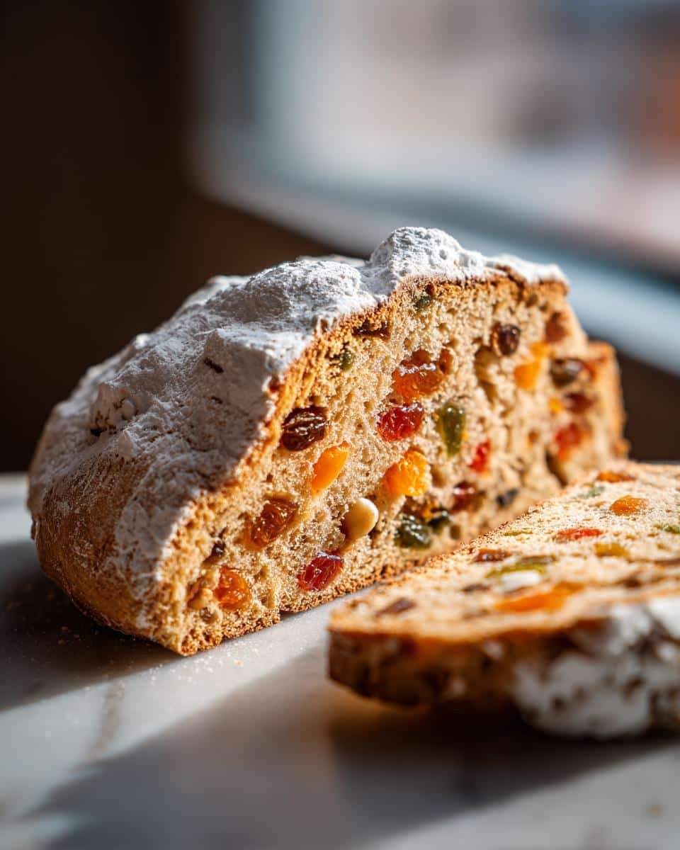 A close-up of a slice of Stollen, a traditional German fruit bread, dusted with powdered sugar and filled with colorful candied fruits and nuts.