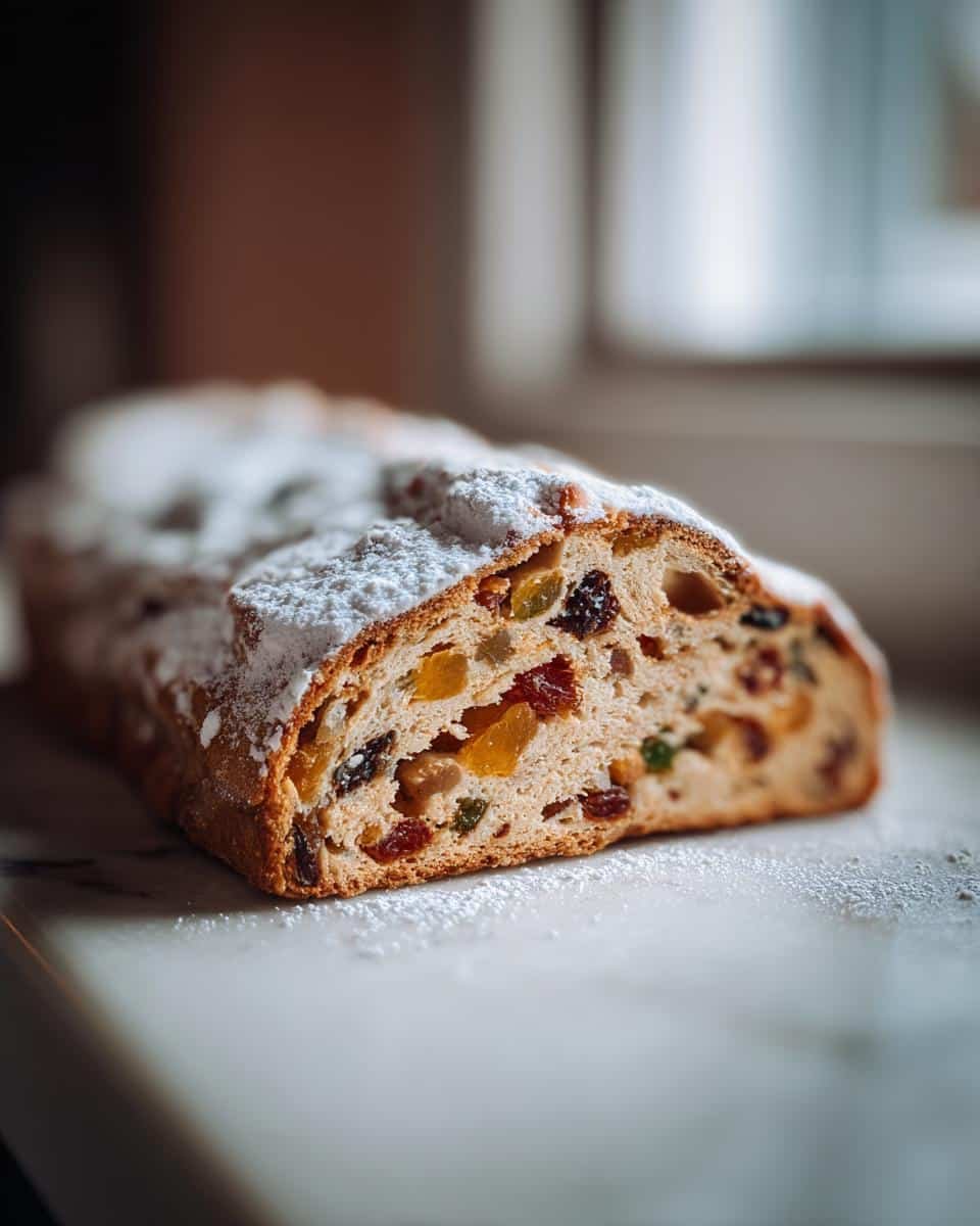 A close-up of a sliced Stollen, a festive bread filled with dried fruits and dusted with powdered sugar.