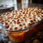 A close-up view of a freshly baked Sweet Potato Casserole with Marshmallows, showing golden-brown toasted marshmallows.