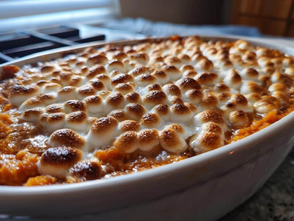 Close-up of a baked Sweet Potato Casserole with Marshmallows, showing golden-brown toasted marshmallows.
