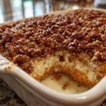 A close-up of a freshly baked Sweet Potato Casserole in a white baking dish, topped with crunchy pecans and a crumble.