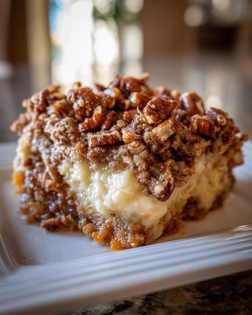 A close-up of a slice of Sweet Potato Casserole topped with crunchy pecans and a creamy filling.
