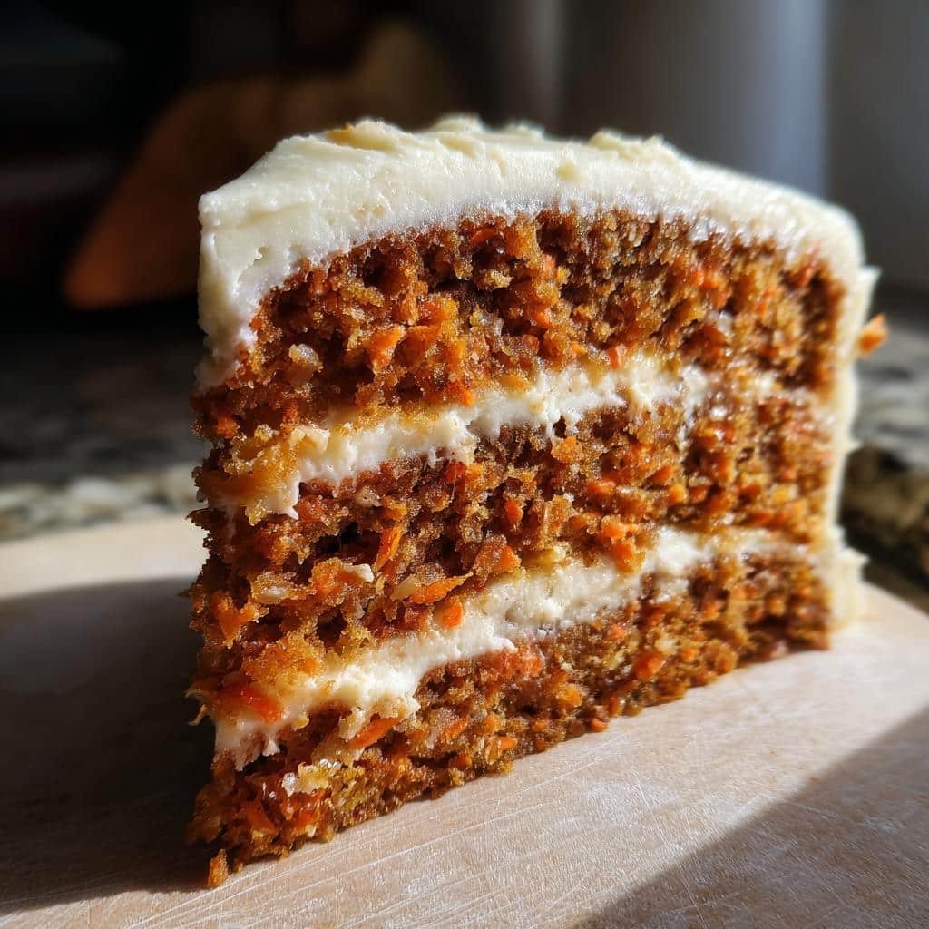 A moist slice of Sweet Potato Casserole with creamy frosting and visible sweet potato shreds.