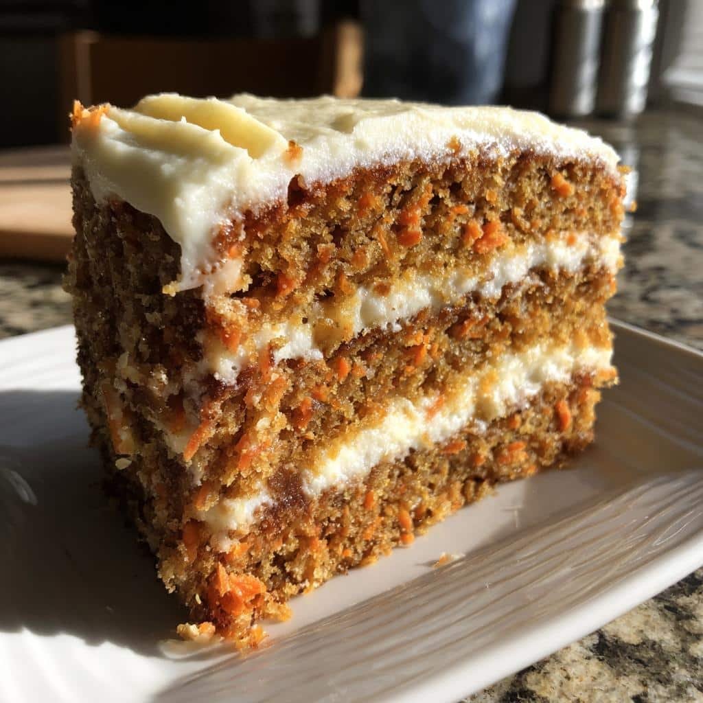 A slice of moist Sweet Potato Casserole with creamy frosting, showing layers of cake and filling.