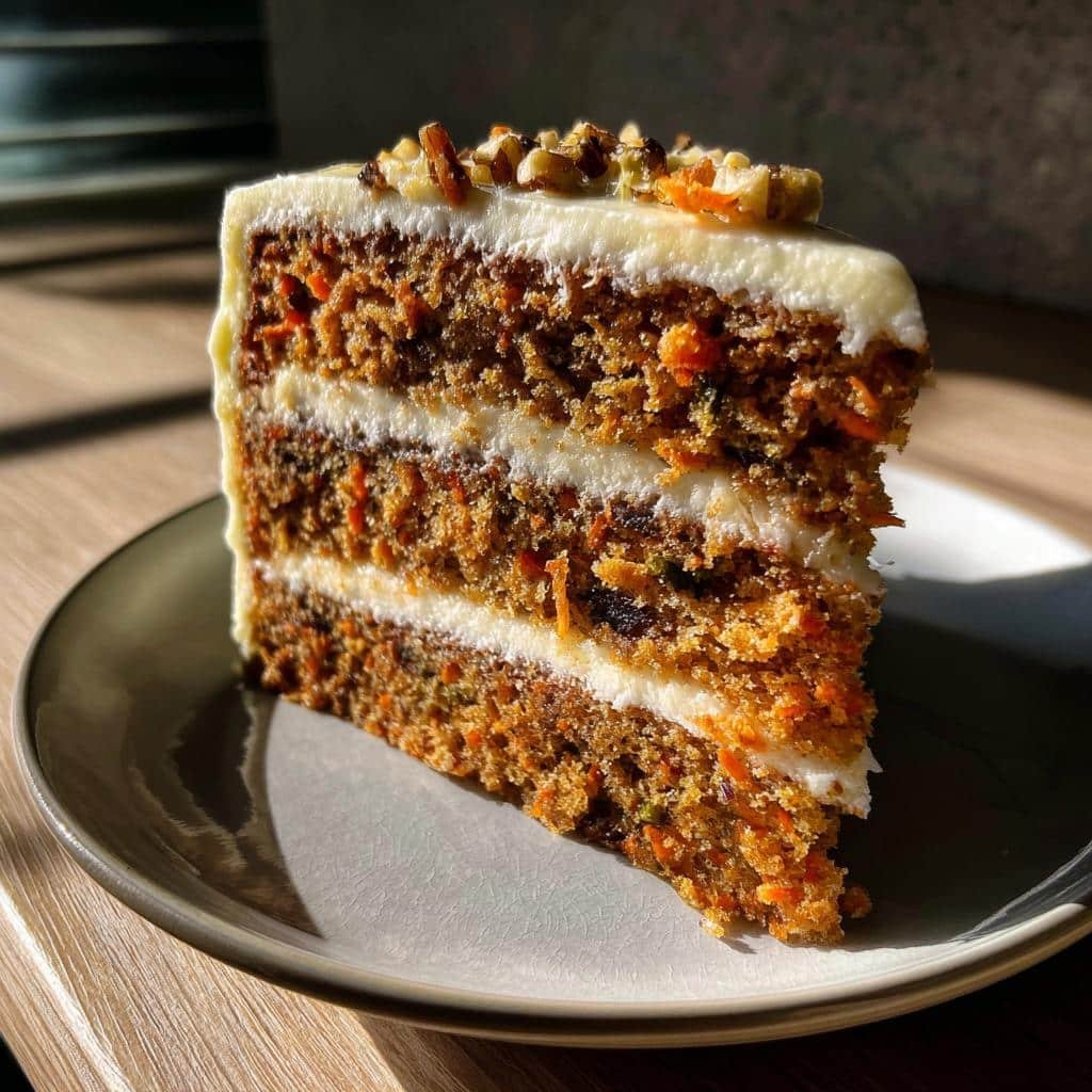 A moist slice of Sweet Potato Casserole, layered with creamy frosting and topped with chopped nuts.