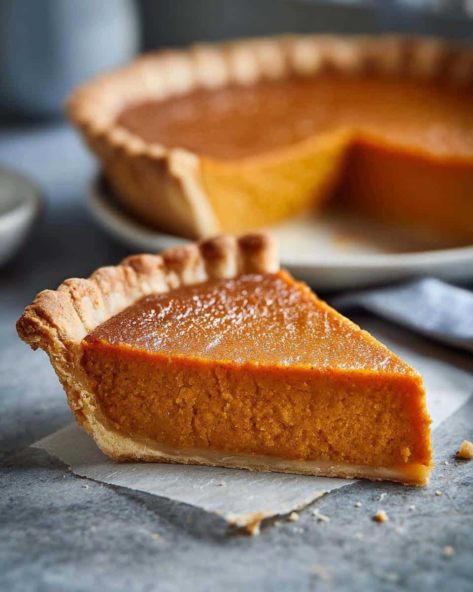 A close-up of a delicious slice of sweet potato pie with a flaky crust and smooth filling.