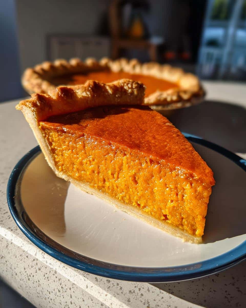A close-up of a slice of sweet potato pie on a plate, with a whole pie in the background.