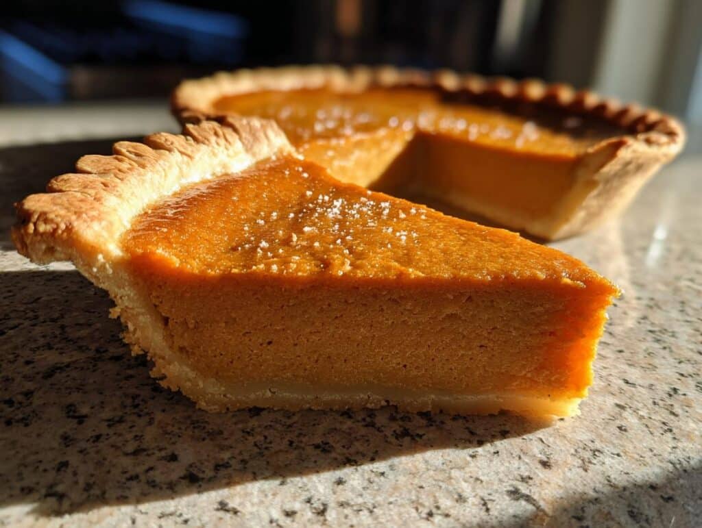 A close-up view of a slice of sweet potato pie, with the rest of the pie in the background.