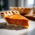 A close-up of a slice of homemade sweet potato pie, showcasing its rich orange filling and flaky crust.