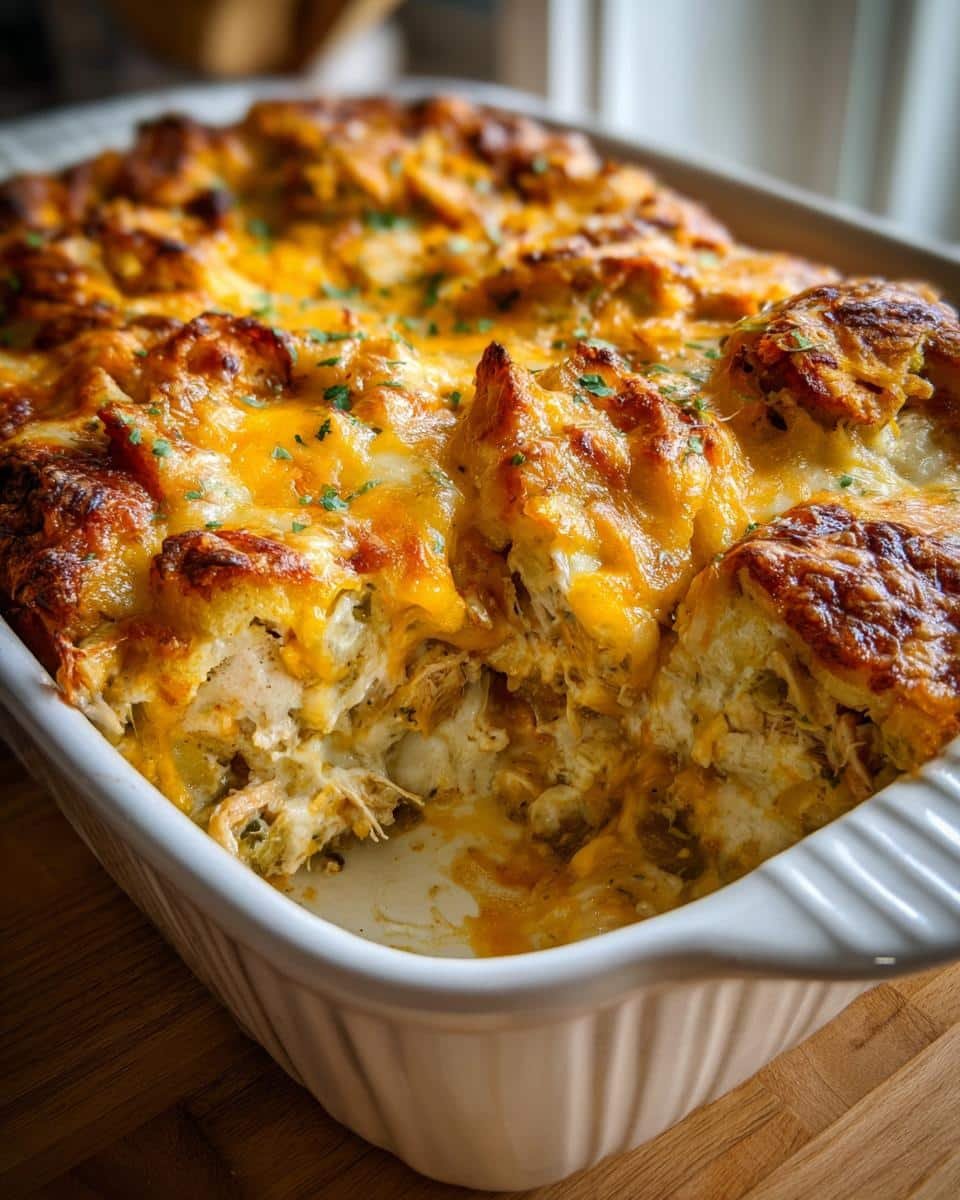 Close-up of a bubbling Thanksgiving Leftovers Casserole in a white baking dish, topped with melted cheese and herbs.