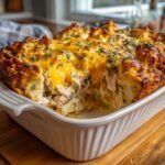A golden-brown Thanksgiving Leftovers Casserole baked in a white dish, topped with melted cheddar cheese and parsley.