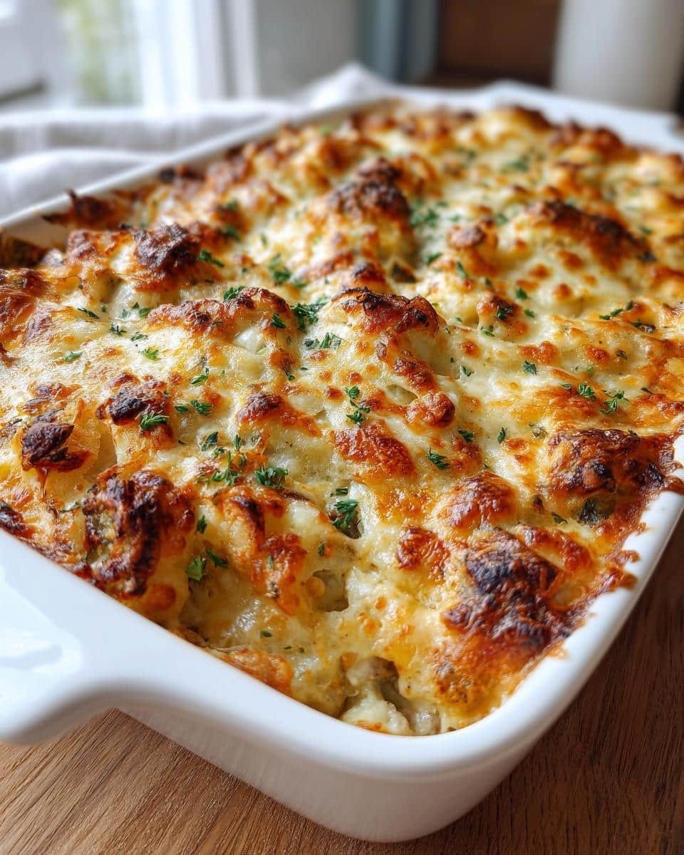 Close-up of a bubbling Thanksgiving Leftovers Casserole with melted golden cheese and chopped parsley.