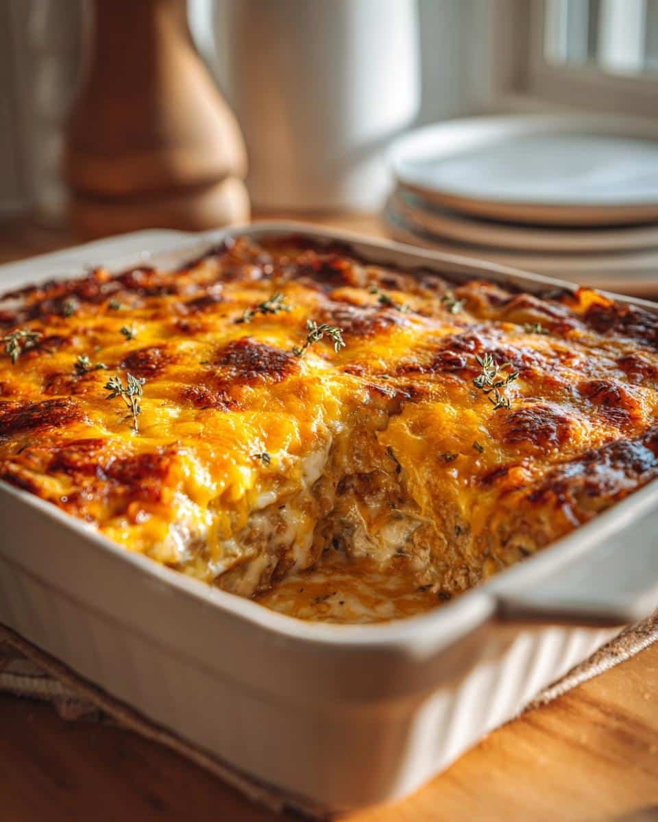 A close-up of a bubbly Thanksgiving Leftovers Casserole with a golden brown cheesy topping and fresh herbs.