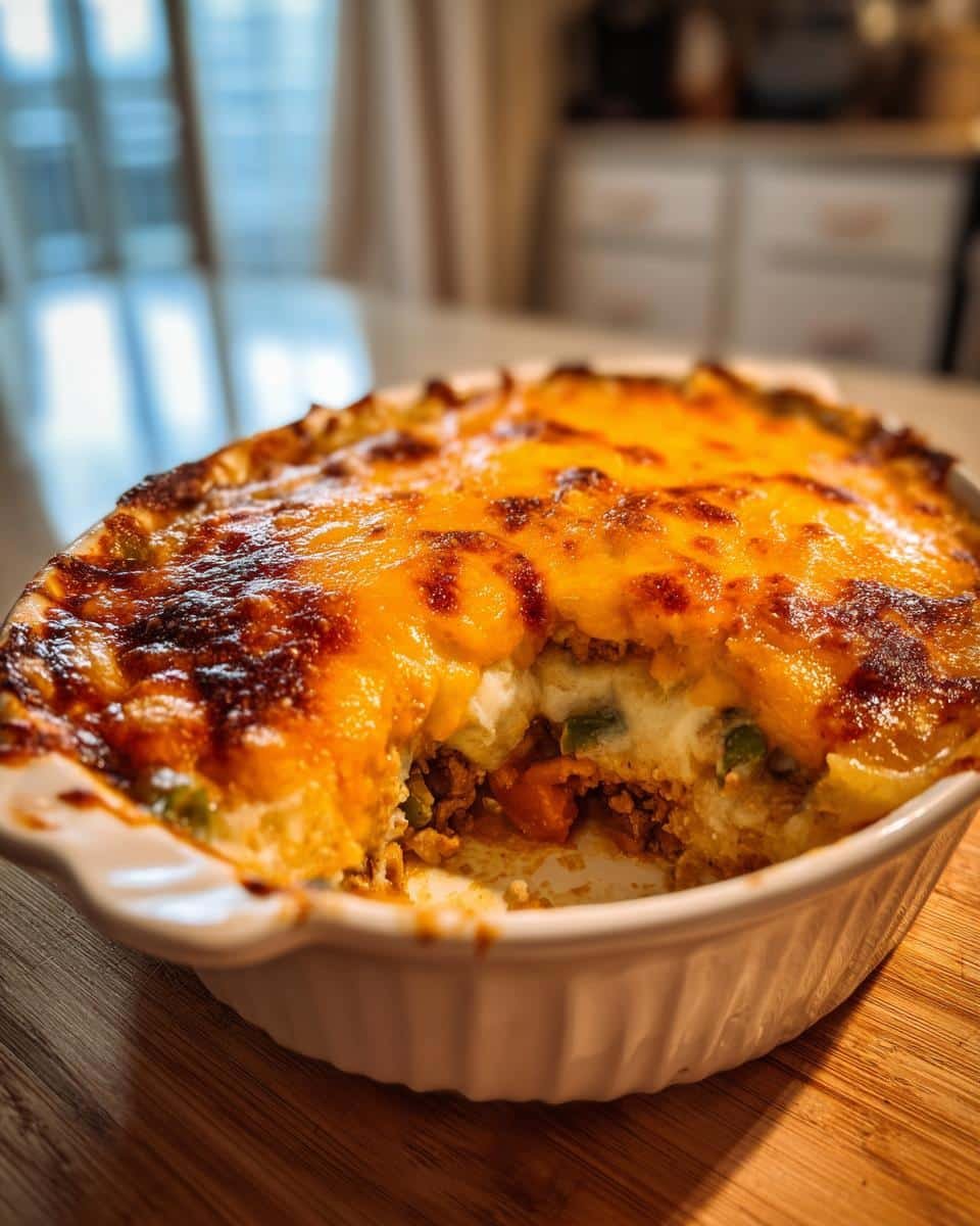 A close-up of a Thanksgiving Leftovers Casserole in a white baking dish, topped with melted golden cheese and a scoop removed.