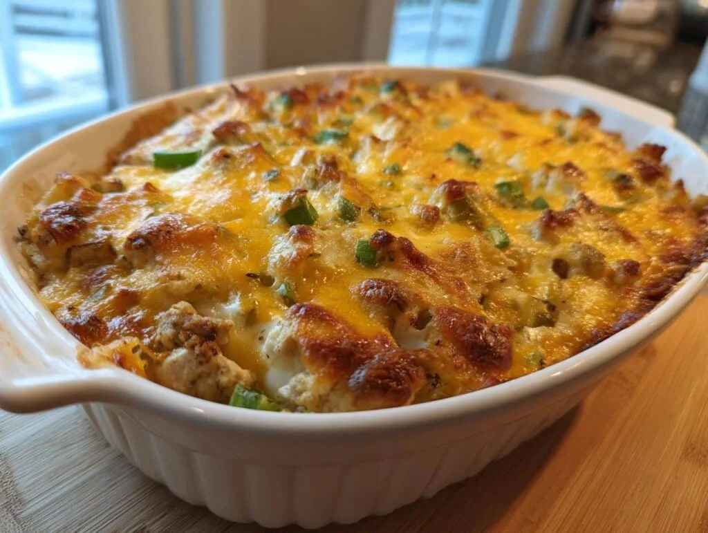 A bubbly, golden-brown Thanksgiving Leftovers Casserole topped with melted cheese and green onions in a white baking dish.
