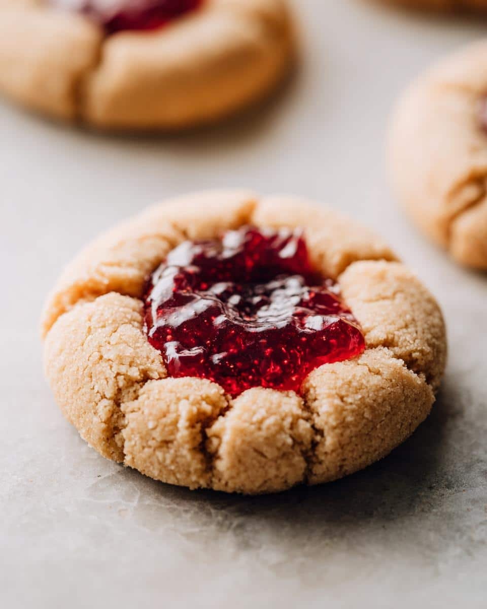 A close-up of a delicious thumbprint jam cookie filled with glistening raspberry jam.
