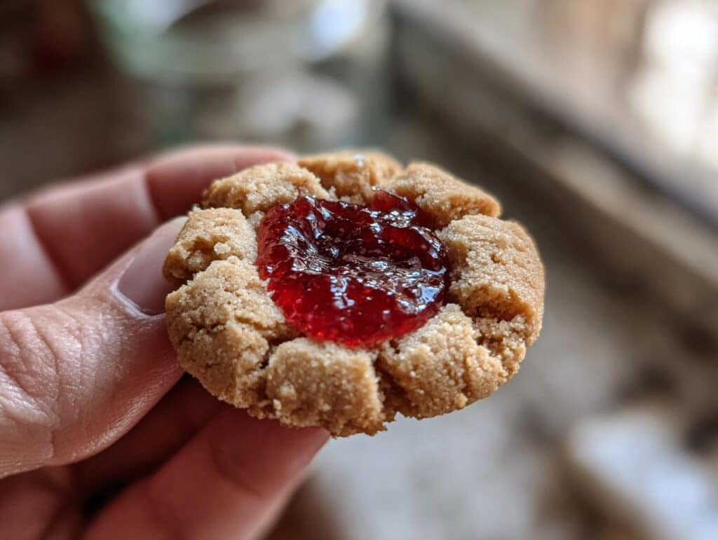 A close-up of a thumbprint jam cookie held in a hand, filled with glistening raspberry jam.