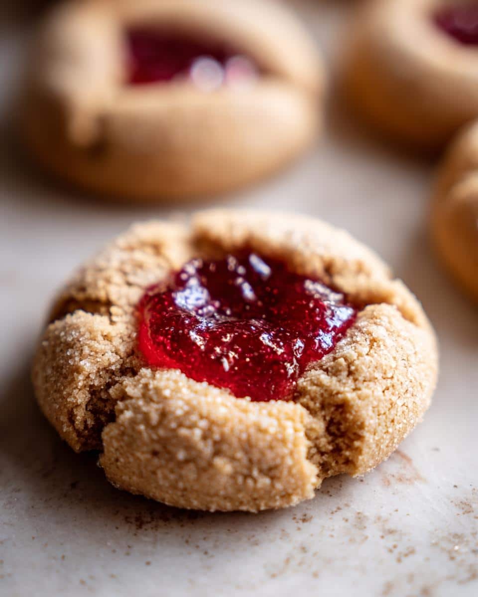 A close-up shot of a single Thumbprint Jam Cookie, featuring a golden-brown cookie base filled with glistening raspberry jam.