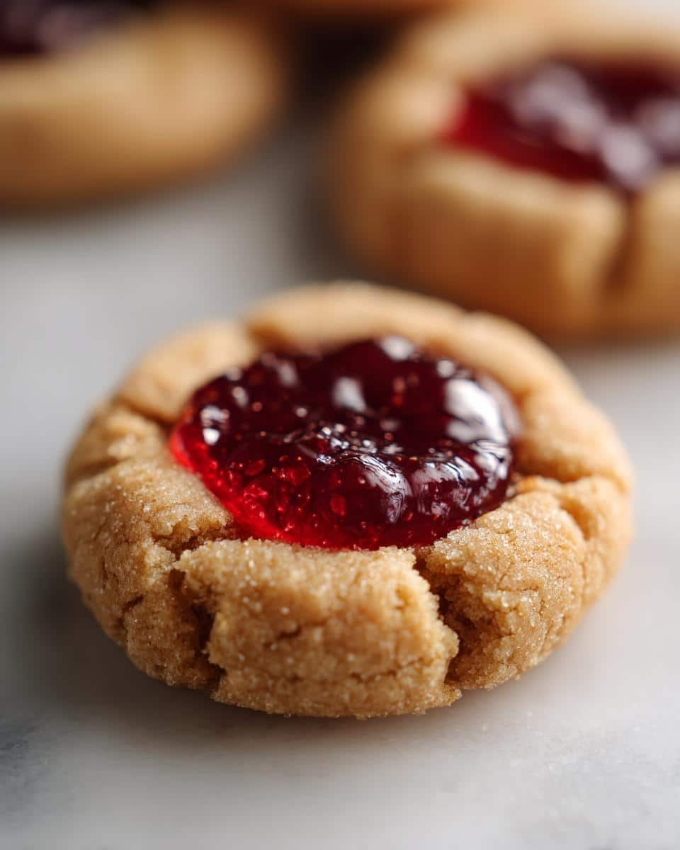 Close-up of a delicious thumbprint jam cookie filled with glistening red jam.