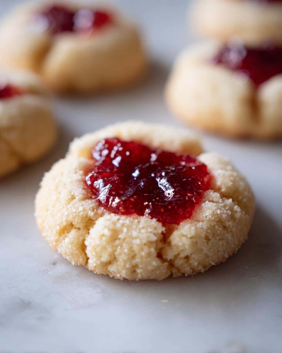 A close-up of a delicious Thumbprint Jam Cookie, coated in sugar with a dollop of bright red jam in the center.