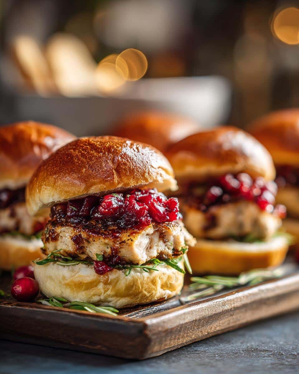 Close-up of delicious Turkey and Cranberry Sliders, featuring juicy turkey patties and sweet cranberry sauce on toasted buns.