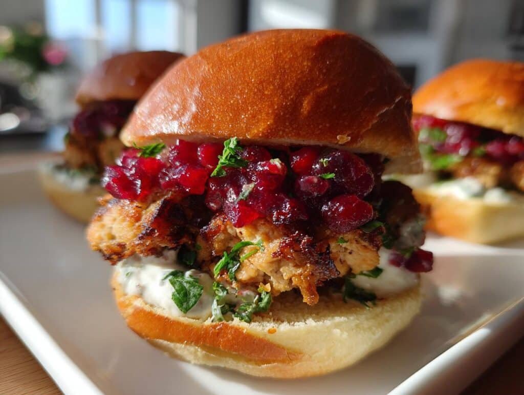 Close-up of a delicious Turkey and Cranberry Slider with creamy sauce and fresh herbs.