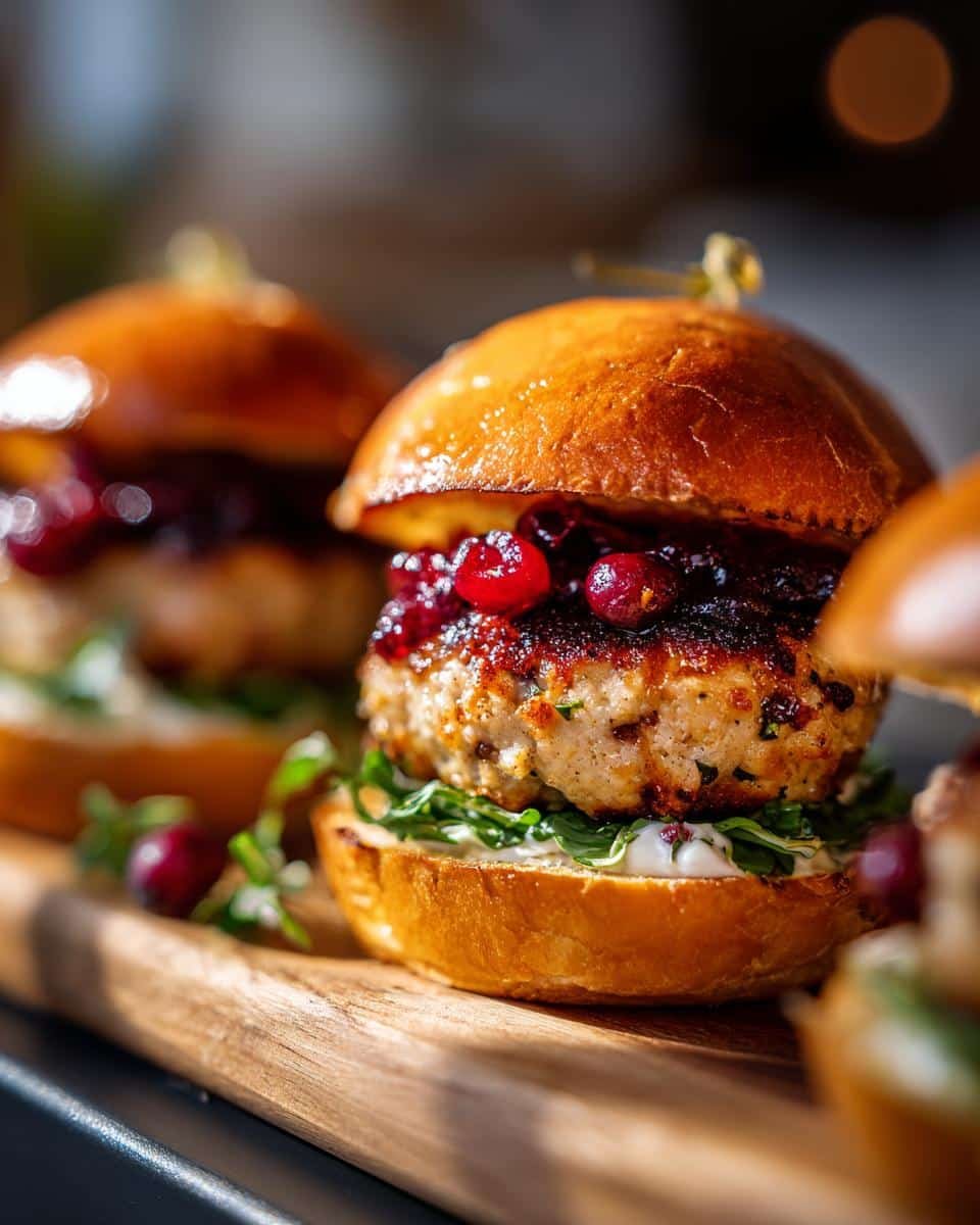 Close-up of a delicious Turkey and Cranberry Slider on a brioche bun with fresh greens and cranberries.
