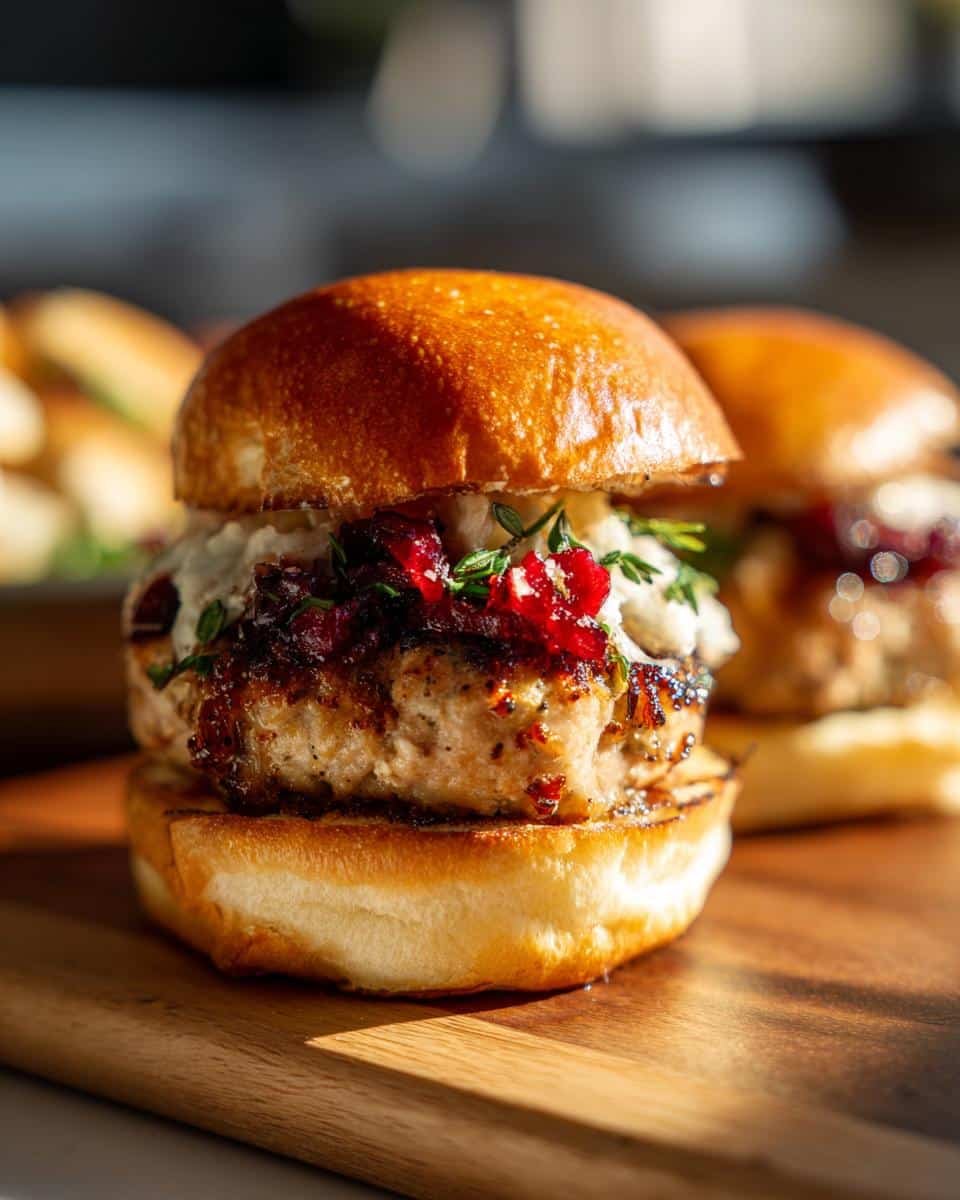 Close-up of a gourmet Turkey and Cranberry Slider with a fluffy bun, turkey patty, cranberry sauce, and herbs.