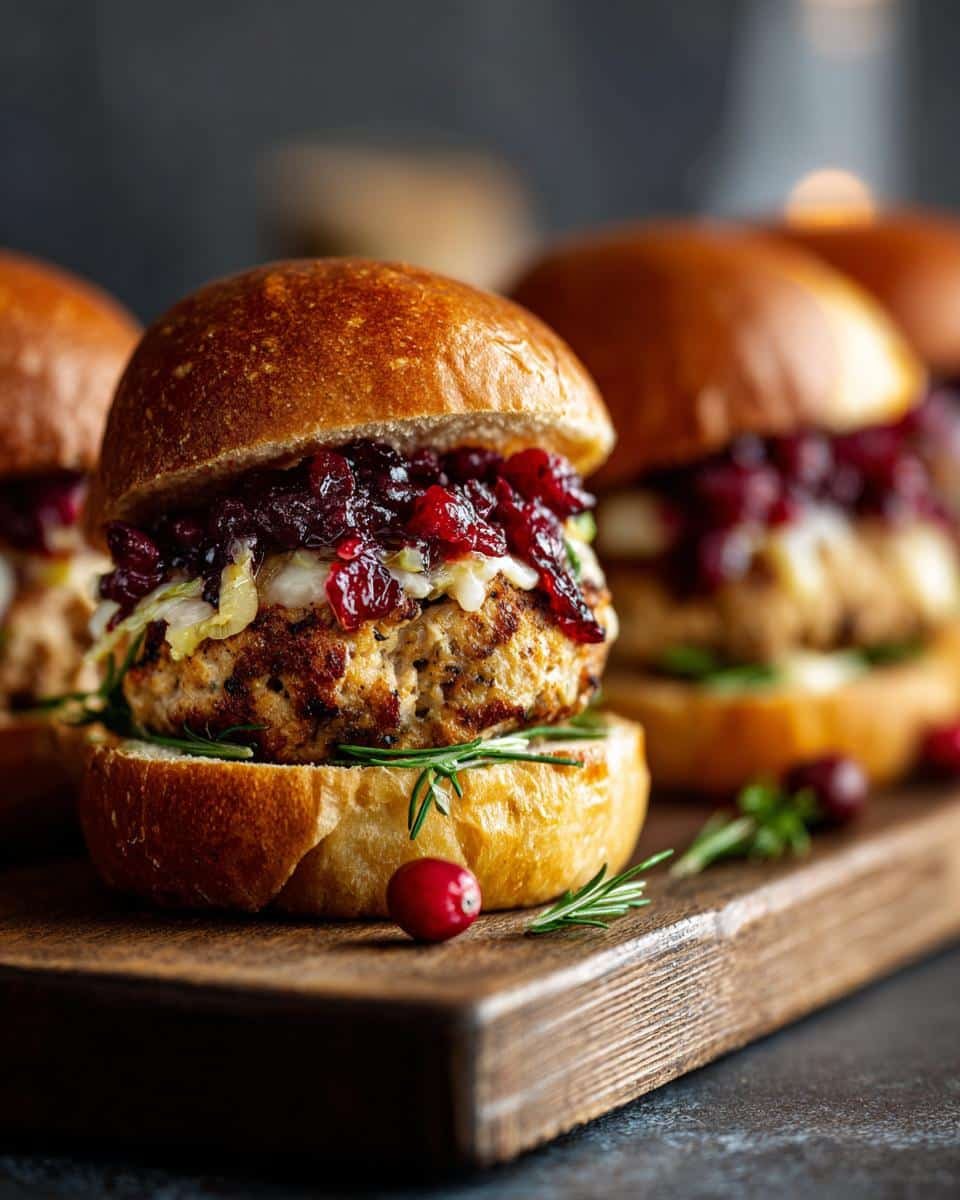 Close-up of delicious Turkey and Cranberry Sliders with fresh rosemary and cranberries on a wooden board.