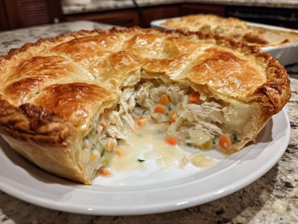 A close-up of a delicious Turkey Pot Pie with a golden, flaky crust, showing the creamy filling with shredded turkey and vegetables.