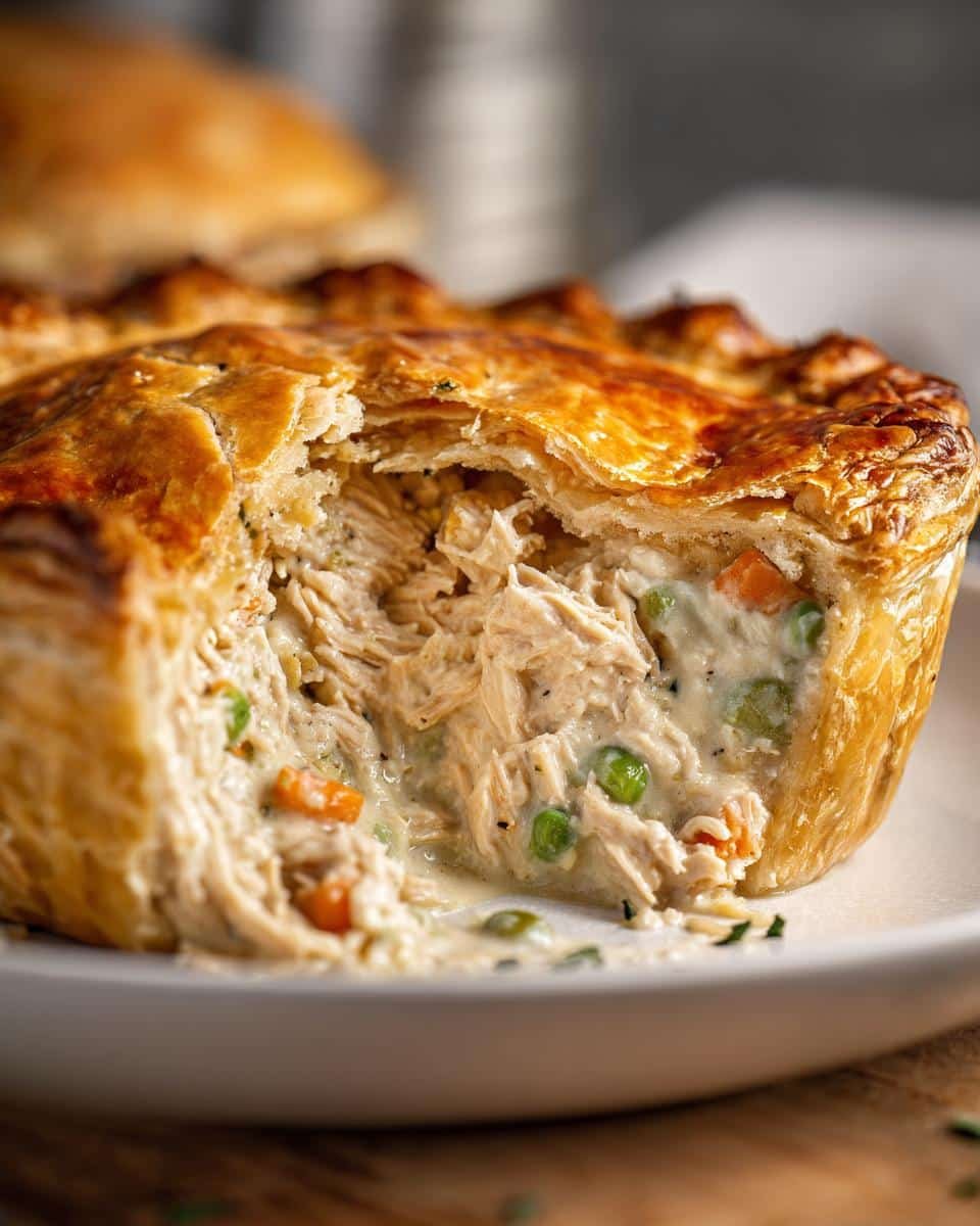 Close-up of a golden-brown Turkey Pot Pie with a flaky crust, revealing a creamy filling with shredded turkey, peas, and carrots.