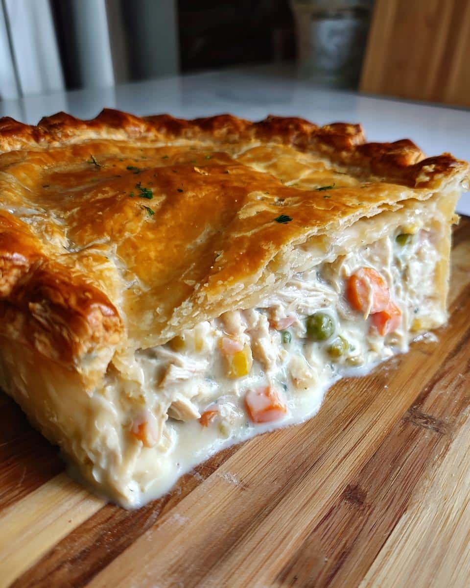 A close-up of a generous slice of Turkey Pot Pie, showing flaky golden crust and creamy filling with turkey and vegetables.