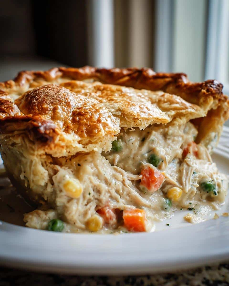 A close-up of a slice of Amazing Turkey Pot Pie, showing the flaky golden crust and creamy filling with turkey, peas, carrots, and corn.