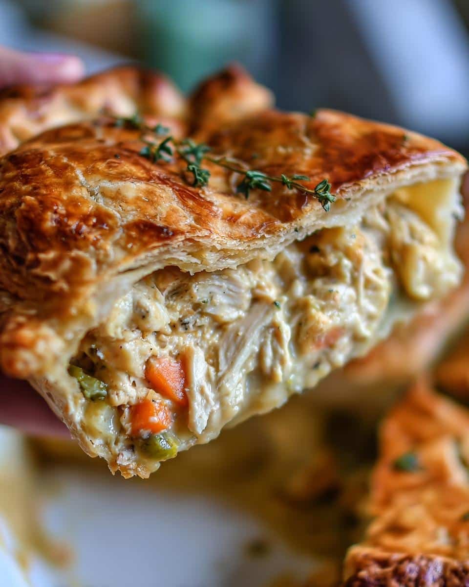 A close-up of a slice of golden-brown Turkey Pot Pie, revealing a creamy filling with shredded turkey and vegetables.