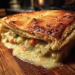 A close-up of a delicious slice of Turkey Pot Pie, showing flaky golden crust and a creamy filling with turkey and vegetables.