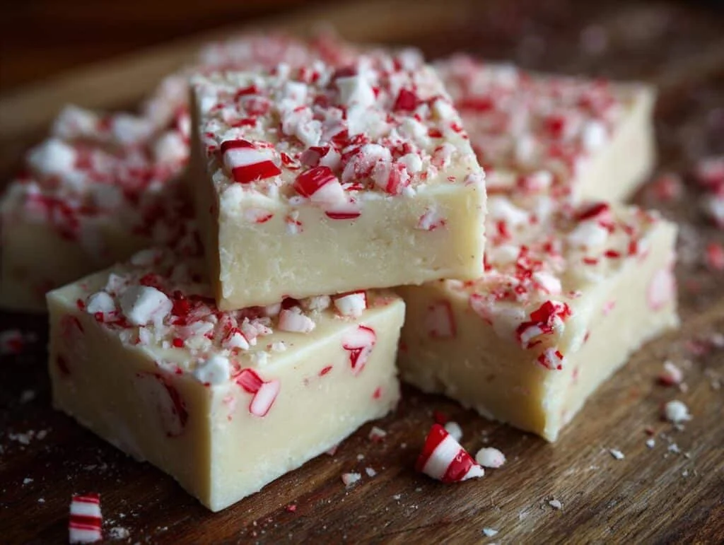 Close-up of creamy white chocolate peppermint fudge topped with crushed candy canes.