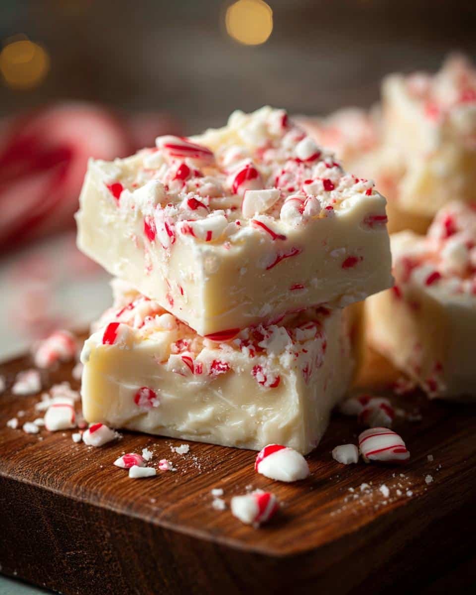 Close-up of White Chocolate Peppermint Fudge pieces topped with crushed candy canes on a wooden board.