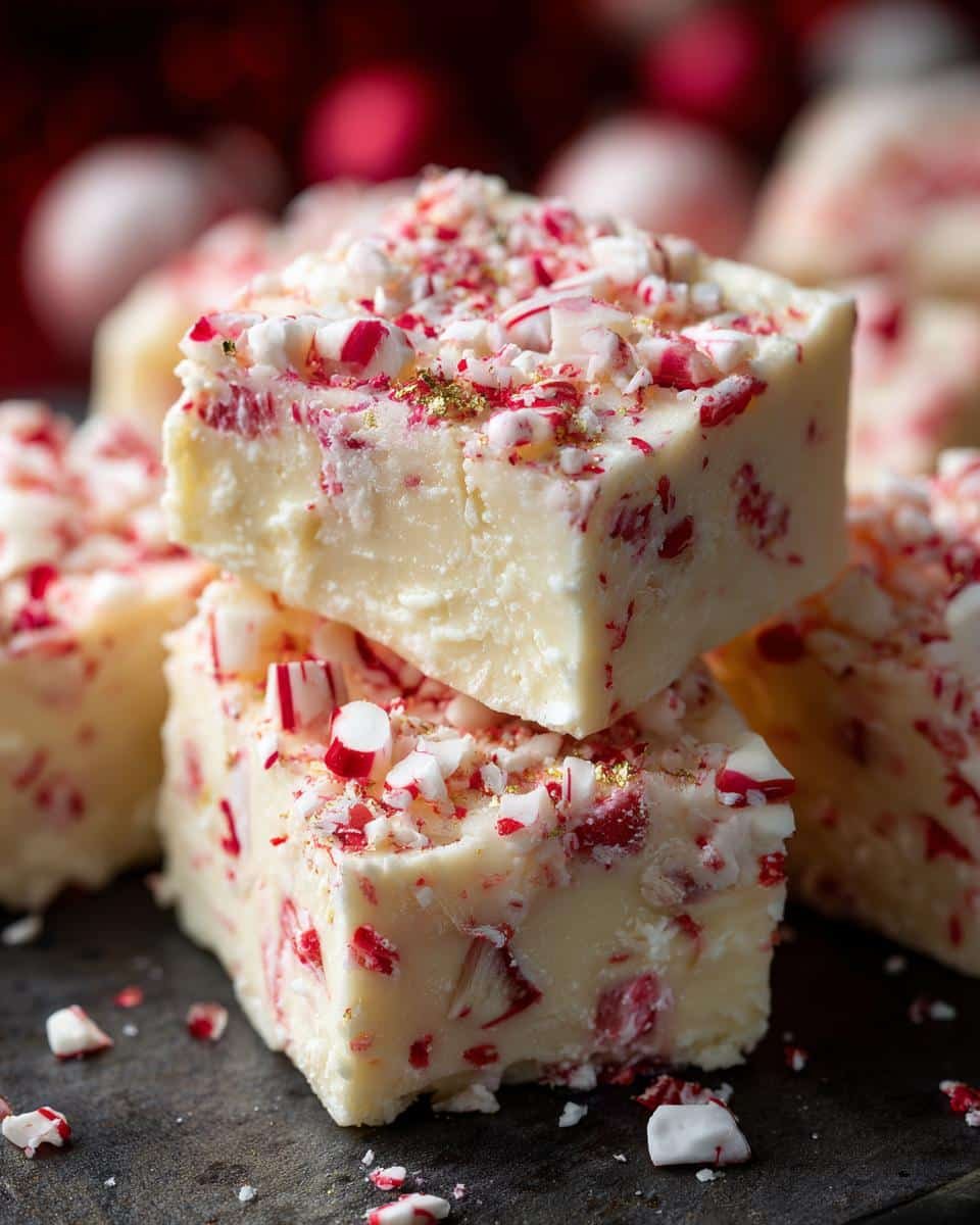 Close-up of White Chocolate Peppermint Fudge pieces topped with crushed candy canes and gold flakes.