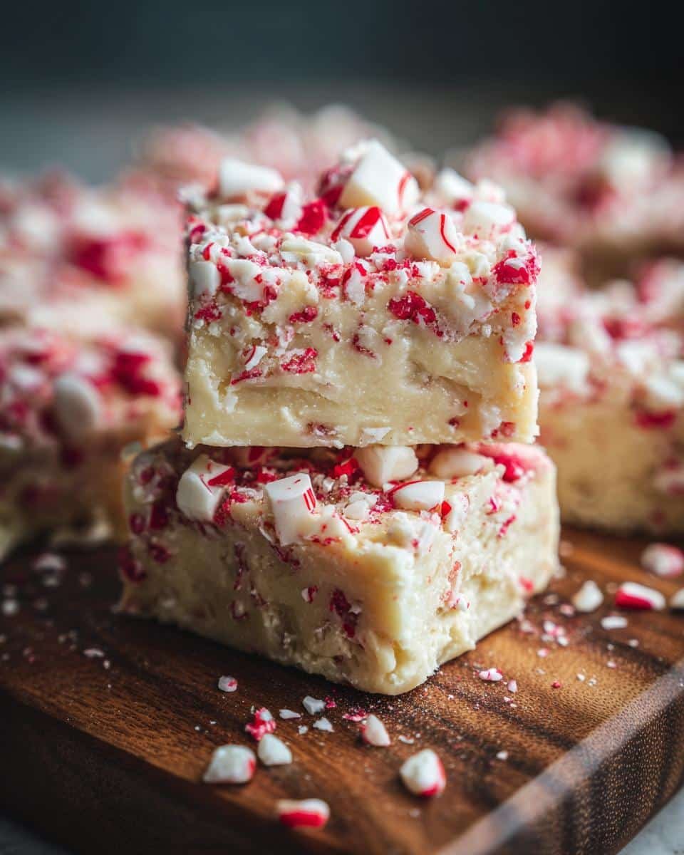 Close-up of two squares of White Chocolate Peppermint Fudge stacked on a wooden board, topped with crushed candy canes.