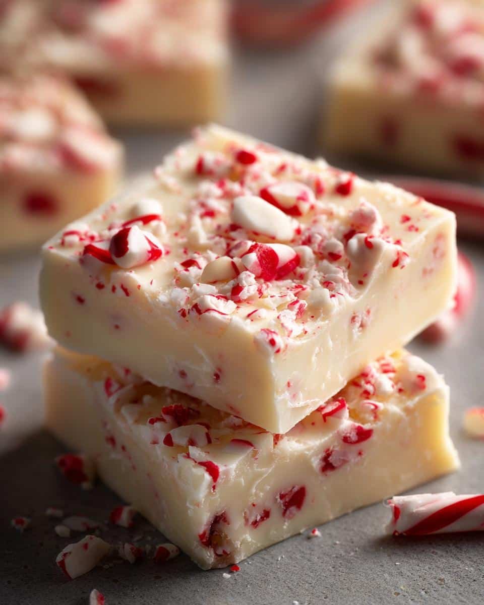 Close-up of two stacked pieces of White Chocolate Peppermint Fudge, topped with crushed candy canes.