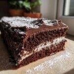 A rich slice of Yule Log Cake, featuring dark chocolate sponge, white cream filling, and chocolate frosting dusted with powdered sugar.