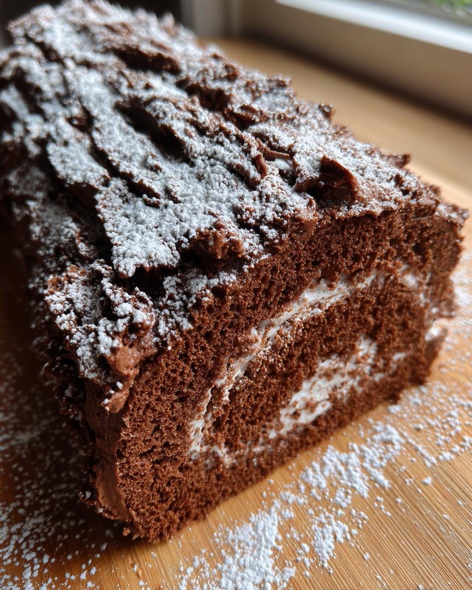 A close-up of a slice of chocolate Yule Log Cake, dusted with powdered sugar, revealing a creamy filling.