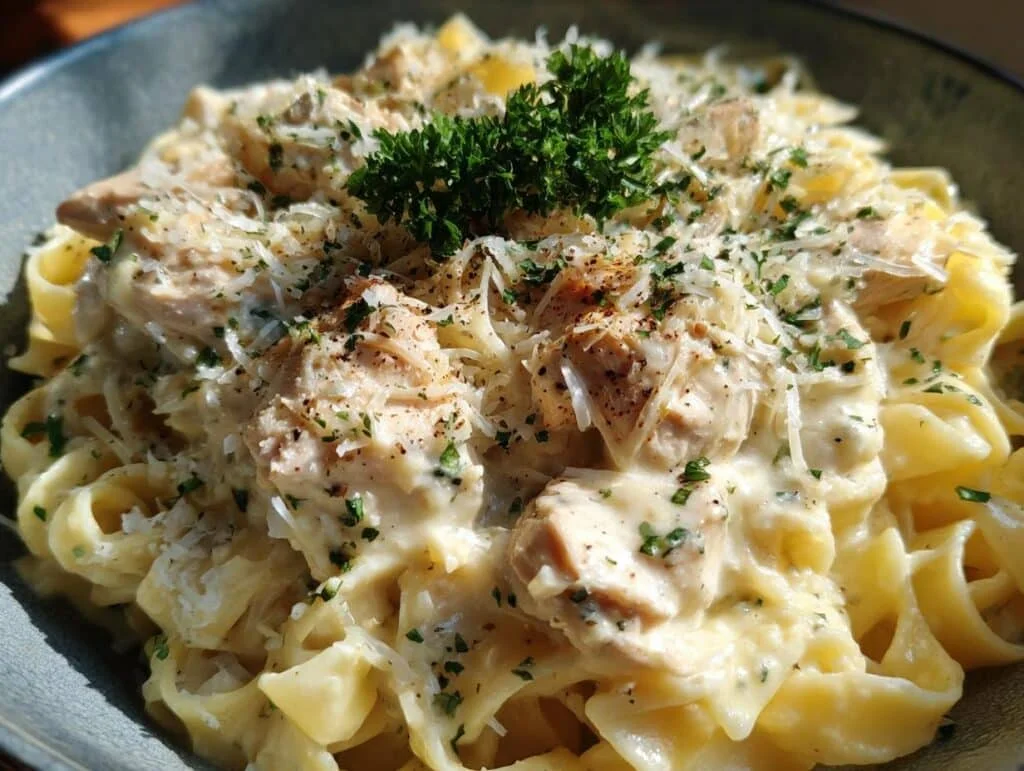 Crockpot Garlic Parmesan Chicken Pasta - Featured