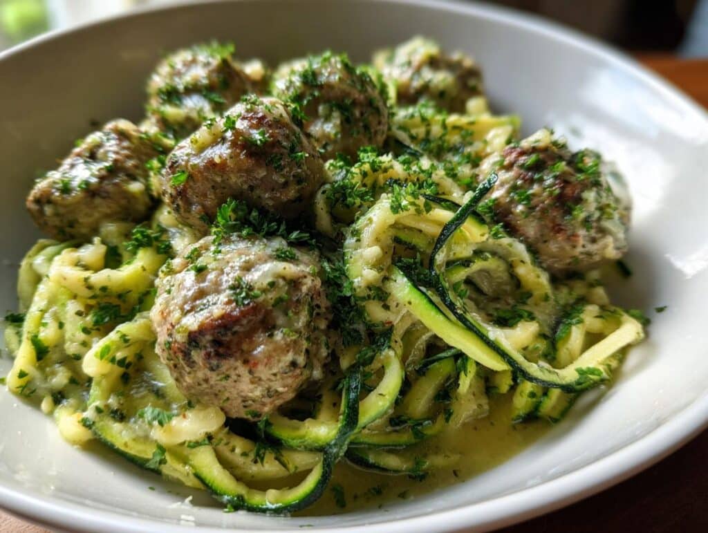 Garlic Butter Meatballs with Zucchini Noodles - Featured